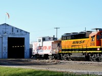 On a very short day for the BNML crew. We caught them shoving the BN Operation Caboose back into the shop. It is very uncommon for them to pull the Caboose out. Also, note the magnet Canadian Flag on the front Right of BNSF 2602, which is a GP39-3. 