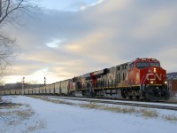 After briefly holding for counterpart CN 731, loaded potash train CN B730 is on the move, with CN 3842 & CN 3237 up front. Additional power is CN 3247 mid-train and CN 2929 & CN 2875 on the tail end.