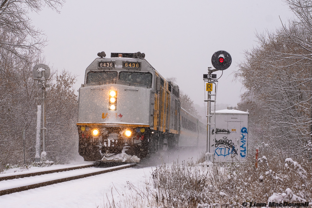 The day of November 28th, 2021 will certainly be one to remember, as for the whole day a snowstorm occurred in the midst of some very rare VIA Rail corridor detours. The first spot of the day for me was mile 6.2 of the Bala Sub, where I lucked out with a wrapped F40PH at the helm of VIA 62/52 splitting the block signals at a decent rate of speed.