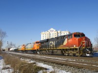 For the second day in a row, CN 368 has two QNSL AC44C6M's trailing (QNSL 437 & QNSL 434) as it passes through Dorval. These were rebuilt at the Erie plant from BNSF Dash9's. At far left is Dorval Station and the tail end of VIA 65.
