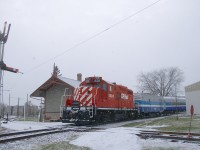 The last run of Exporail's Christmas Train for this year is passing the diamond at Barrington Station with CP 1608 leading and an all-AMT consist behind it.