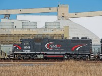 Cando's CCGX 4201 is classified as a GP38AC-3 and started life as DTI GP38 #200 in 1966.  It is seen here in front of the Mosaic potash mine just north of Belle Plaine SK. 