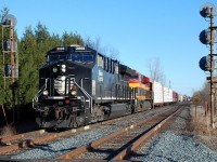 For the third time in just over a month, CN 3008, the Illinois Central heritage unit, led a train on the Dundas Subdivision.  Today it was paired with KCSM 4871 on CN 397, seen splitting the signals at Copetown West as they get back up to track speed after climbing Dundas hill.  