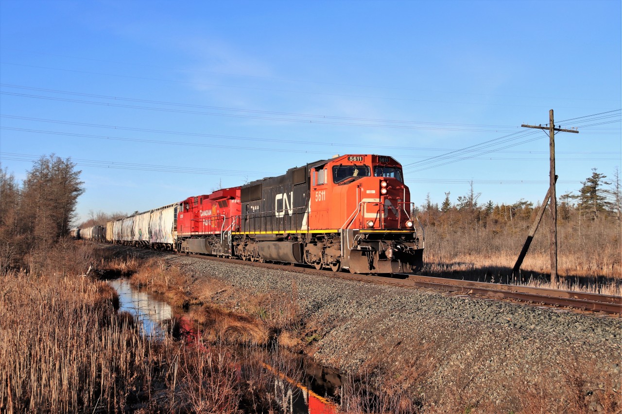 It's always nice to have foreign leaders on the CP mainline but today, the Canadian competition made and appearance. CN 5611 with a clean new CP 8206, motor on up to the Seventh concession on a beautiful sunny fall morning.