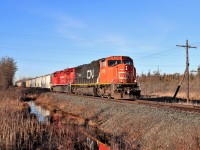It's always nice to have foreign leaders on the CP mainline but today, the Canadian competition made and appearance. CN 5611 with a clean new CP 8206, motor on up to the Seventh concession on a beautiful sunny fall morning. 