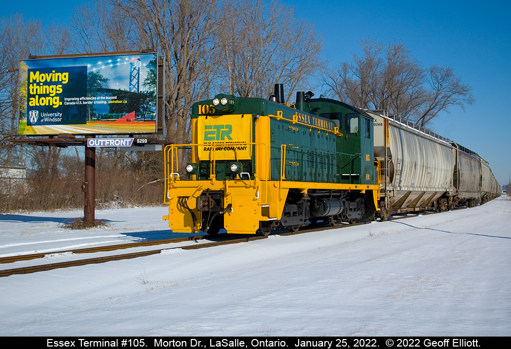 "Moving Things Along" is a very true statement for this picture.  Essex Terminal #105 pulls a cut of ADM hoppers south out of Ojibway Yard to be stored on the old Windsor Salt siding.  105 wears an 'as delivered' inspired scheme that is similar to the scheme it wore when it was delivered new to the Essex Terminal back in March of 1956.  66 years of working for the Essex Terminal and many of us hope that 105 can have another 66 at least before retirement.