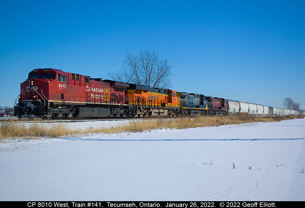CP train #141 was a 'Skittles' special today with a rainbow of color.  CP 8010 leads train #141 with BNSF 6668, CSX 552, and CP 8641 in tow as it approaches Begin/End CTC Sign Walkerville on a frigid January 26th.  Further back in the train is CP 9806 as the mid-train DPU completing the 5 units that powered 141 across the Galt and Windsor subs.