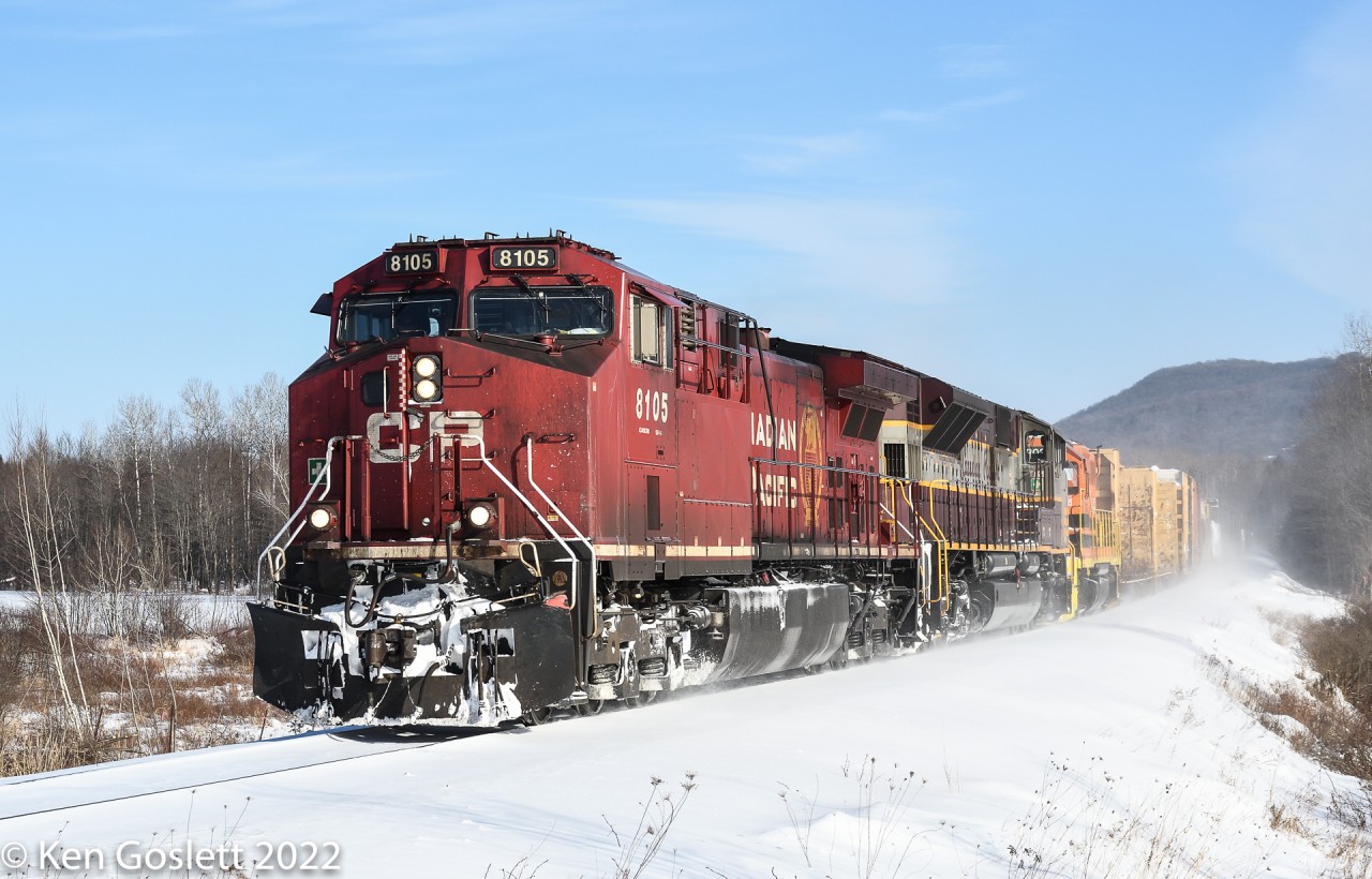CPR 251 nearing Farnham on the second-to-last leg of its journey from Brownville Jct, Maine to Montreal's St Luc Yard.