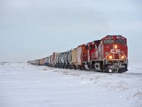 Wynyard-Moose Jaw train N08 rolls through a stark winter scene at Albatross Saskatchewan on CP's Lanigan Subdivision. 