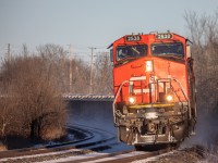 CN M305 rounds the curve at MP 169 of CN’s Kingston Sub, with my buddy Engineer Rob at the controls, and two other conductors including a trainee from Toronto, on board this mixed freight originating from Moncton.