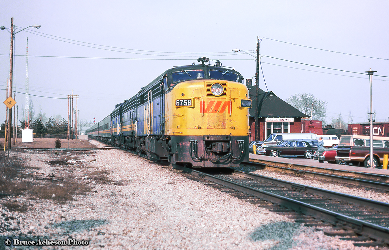 Lengthy VIA 75 is seen at Burlington West with an A-B-B set of units up front.  6758 now resides south of the border operating on the New York & Lake Erie Railroad.