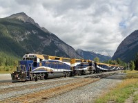 GP40-2 RMRX 8012 leads the westbound Rocky Mountaineer off the big hill and into Field.