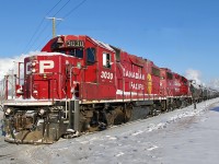 GP38-2s CP 3030 and 3114 are at 34st in east Edmonton as they prepare to push back a rake of tank cars into Imperial Oil’s Strathcona Refinery.