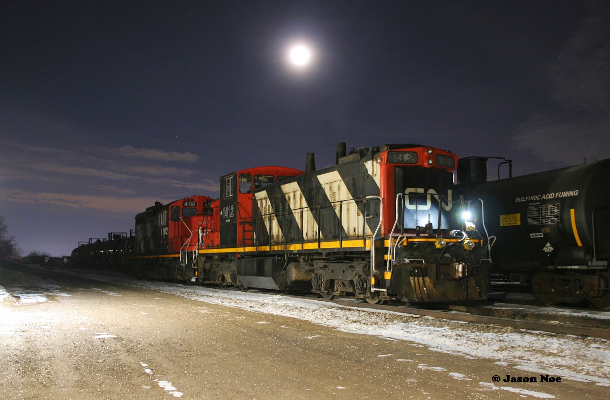 With only a short time remaining in active service, CN GMD1u 1412 idles a quiet winter’s Saturday night away in Kitchener with fellow veteran GP9RM 4102. At the time the pair was assigned to Kitchener-based CN L540 during January-February 2021.  Both units were reportedly eventually retired during 2021.