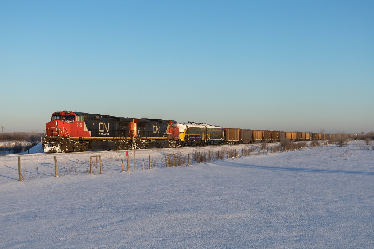 CN L 55651 17 rolls through Daugh, Alberta Mile 7.4 on the Coronado Sub with CN 2569, CN 2624, RPCX 6311 and RPCX 6304.  These FP9Au's are privately owned and were on display at the Alberta Railway Museum in Edmonton, however they are now enroute to Assiniboine, Saskatchewan.  They will be interchanged to CP at Scotford in the coming days, for furtherance to Assiniboine.  RPCX 6311 was previously VIA 6311, VIA 6529 and CN 6529.  RPCX 6304 has a more storied history...  Formerly VIA 6304, VIA 6509 and CN 6509 - it was also numbered 1967 and saw service on the Confederation Train in 1966 and 1967.  

The locomotives were lifted from the museum on a northbound train and went up to Boyle, on the Lac La Biche Sub.  Here they are seen heading south back to Edmonton on the Coronado Sub; which used to run from Edmonton to St. Paul Alberta and featured a branch line to Cold Lake.  At  68 and 65 years old, these units received one last hurrah on a CN train with the 70 mile detour to Boyle - Makes one wonder if these FP9's ever operated on the Coronado Sub in a past life.