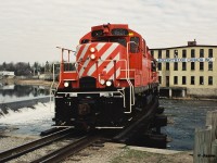The CP Galt Job is viewed slowly crossing the Speed River in Preston, Ontario on the Waterloo Subdivision with 1501 and 8161 hauling 12 cars for Kitchener. They would later meet the CN 15:30 Yard Job at South Junction in Kitchener.



