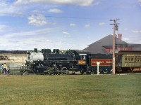 Calgary's Heritage Historic Park ex US Army thence Pacific Coast Terminals 0-6-0 6269 painted in CP colours departs from the former Midnapore station on a loop around the park.