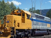 A VIA Rail SD40-2... not quite.  BC Rail 757 has been transformed for the filming of <i>The Narrow Margin</i> along the Squamish Sub and sports an imitation consist for VIA Rail's "Canadian" behind it.  The consist included BCOL RCC4 <a href=http://www.railpictures.ca/?attachment_id=33710>remote control car</a> as the B unit, a baggage car, and a selection of dome cars and coaches from the Roaring Forks Group in Colorado.  *Information per Eric Gagnon.<br><br><i>Doug Cummings Photo, Jacob Patterson Collection Slide.  Geo-tagged location not exact</i>