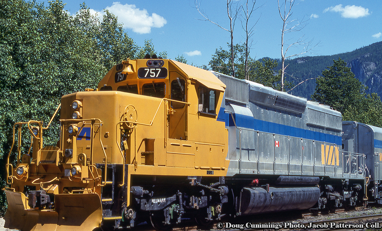 A VIA Rail SD40-2... not quite.  BC Rail 757 has been transformed for the filming of The Narrow Margin along the Squamish Sub and sports an imitation consist for VIA Rail's "Canadian" behind it.  The consist included BCOL RCC4 remote control car as the B unit, a baggage car, and a selection of dome cars and coaches from the Roaring Forks Group in Colorado.  *Information per Eric Gagnon.Doug Cummings Photo, Jacob Patterson Collection Slide.  Geo-tagged location not exact