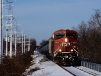 After a quick crew change, loaded ethanol train CP 650 is approaching Du Canal Station with CP 8829 leading.