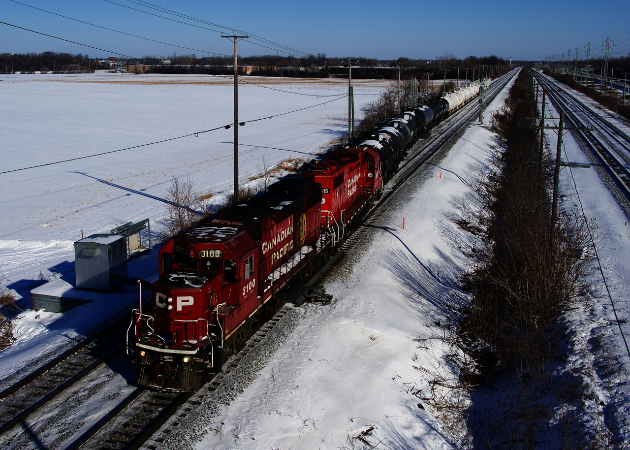 CP F95 has CP 3100 and CP 4515 for power as it crosses over. It is heading to Dorion to run around its train and then head back east.