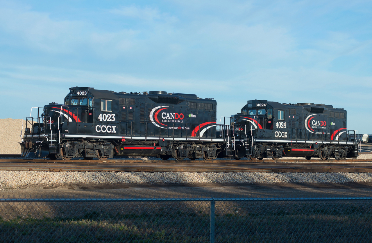 CCGX 4023 and 4024 (exCP 8212 and 8210) are seen at Cando's new Sturgeon Terminal. The new terminal has a 1900 railcar capacity, so these geeps will likely keep busy.
