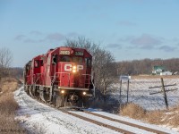 CP T08 crawls up the curved grade past station sign Myrtle, as they are slowly making their way east towards Havelock on the very scenic Havelock Sub. This train has a unique GP38-2 in the lead, which is not so common for the Havelock runs to have considering it’s often ECO’s leading for the most part.