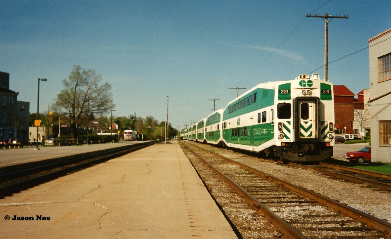 Back in 1993, my sister had picked me up in Waterloo for an overnight visit to her place in Guelph. Being incredibly new to this hobby at that time, I asked her if we could go by the Guelph train station as it seemed the most logical place to see any trains. As it was a Sunday it was quiet, however I was able to see and photograph my first GO Transit train-set laying over by the station. This train operated from here to Toronto daily during the week and offered the first round of GO Transit service into the Royal City on the CN Guelph Subdivision. Even though ridership had increased, this route was eventually terminated not long after in the mid-90’s.