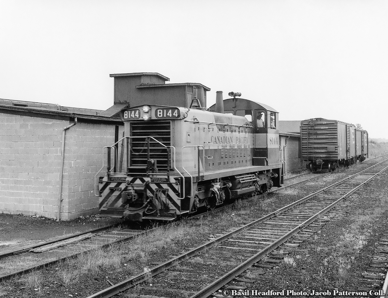 The Last Mixed, Part 1.  On Saturday, August 4, 1962, four railfans from the Upper Canada Railway Society, including Basil Headford, boarded Canadian Pacific Mixed train M741 at Guelph headed northwest to Goderich on what was the final run of southern Ontario’s last CPR mixed train.Seen from combine 3313 spotted near the Millbank station, SW1200RS 8144 coasts down the siding returning to it’s train on the main after spotting two boxcars at Millbank Flour & Feed.  Note the boxcars on the other side of the building on their coal siding.  The train will continue to Goderich, becoming M742 for the return to Guelph.An article detailing the trip appeared in the September 1962 newsletter: found here.CPR 8144, built by GMD in 1959, rebuilt to CP 1239 in 1981, retired 2012, sold to Independent Diesel Services of Minnesota.Basil Headford Photo, Jacob Patterson Collection Print.