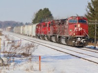 Sometimes 234 is a little more interesting on a Monday, usually thanks to picking up stray units left over the weekend along its route. Today's train has a pair or "flares" on it in the form of rebuilt SD40ECO 5030 and GP38 former GP40X 4522. The large snow mounds here at Meadowvale come in handy these days. 