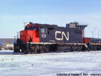 So I was gifted a collection of slides that from all evidence before me seemed to belong to a feller named R.A. Matthews of Biggar Saskachewan. Somehow this collection ended up in Guelph at a second hand store, a buddy (not a fan) bought it for me and gave me it all for my birthday some years ago. He paid around $30 for it all. There's about 1000 slides in the collection, mostly photos taken by the photographer, all in numerical order and all are CN or CN related (including VIA) but he also traded a ton with others in order to fill the collection in. It's a wonderful time capsule of what CN's roster was in the 1970's and 1980's and is mostly complete from a locomotive model perspective. However, I have very little to go on - can anyone help fill in the blanks on who R.A. Matthews is and is he still around? Please comment below or send me a private message as required because google comes up blank.. as did a couple inquiries with some local fans in Ontario. <br><br>Either way, this is one of the things that intrigued me, the CN slugs that are still with us in the 200 and 500 series seemed to have mothers also in the same number series. Pictured is CN GP38 213 which according to one source is now CN 7513. Photographed at Walker Yard in Edmonton. Photo scan by Jacob Patterson, Editing by me.