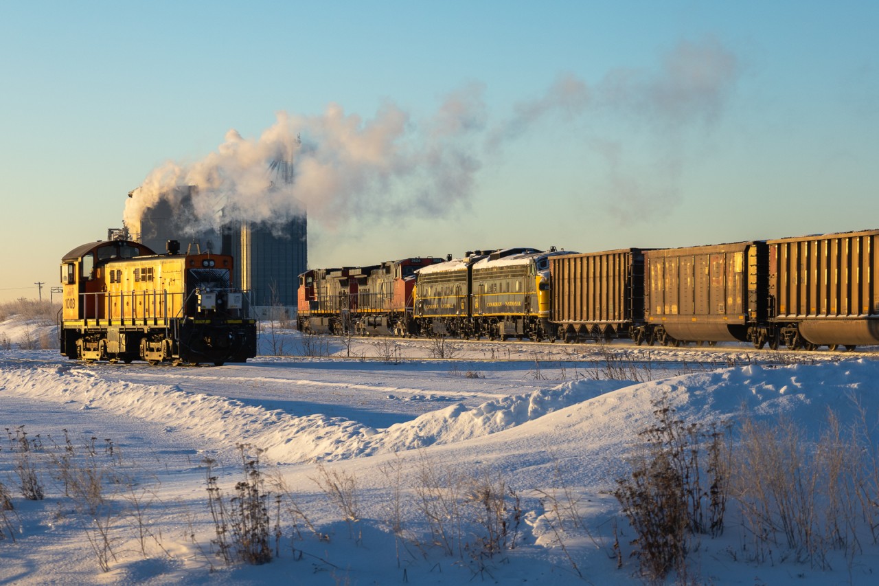 On a frigid Alberta morning, First Generation Diesels meet at Daugh, Alberta, on CN's Coronado Sub.   CN L 55651 17 with a pair of older GE's pull south with RPCX 6311 and RPCX 6304, as On Track Rail Operations Alco S6 1003, looks on.


The FP9Au's are privately owned and were on display at the Alberta Railway Museum in Edmonton, however they are now enroute to Assiniboine, Saskatchewan. They will be interchanged to CP at Scotford in the coming days, for furtherance to Assiniboine. RPCX 6311 was previously VIA 6311, VIA 6529 and CN 6529. RPCX 6304 has a more storied history... Formerly VIA 6304, VIA 6509 and CN 6509 - it was also numbered 1967 and saw service on the Confederation Train in 1966 and 1967.