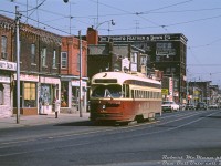 TTC PCC 4365 (A6-class, blt CC&F 1947-48) heads westbound on Dundas Street West on the Dundas route, about to go around the curve at Roncesvalles Avenue where Dundas turns northbound towards Bloor and Dundas West Subway Station. Interestingly enough, this stretch of Dundas today looks much the same as it did 50 years ago (not yet invaded with condo-ification), including The Toronto Feather & Downe Co. building which is now "Feather Factory Lofts".
<br><br>
<i>Robert D. McMann photo, Dan Dell'Unto collection slide.</i>