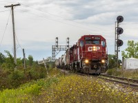 A classic original CP GP38AC and a former D&H GP38-2 take a handful of cars to the CN interchange at Southern Yard, about a mile behind the camera.