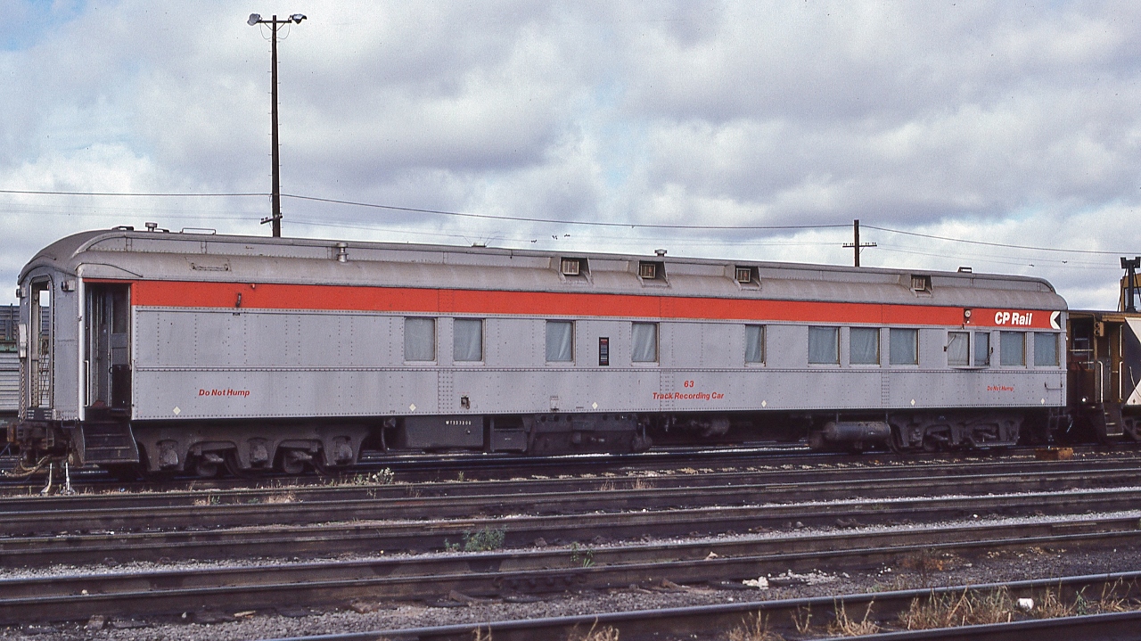 Prior to the CPR's 1954 Budd built Park cars, the solarium cars graced the tail end of many CPR passenger trains.


   The NSC 1931 built CPR buffet-parlor-solarium-lounge  ANTIGUA  is CP Rail #63 Track Geometry Car. (ex work car #411255, 1971) 


   As far as I can determine car 63 is now in traditional CP maroon livery and continues to serve as  Track Recording Car 63


   TRC 63 at CP Rail Agincourt, October 8, 1979 Kodachrome by S.Danko


   Notable:


   A search for sisters of ANTIGUA reveals as of 1960 CPR rostered a buffet-solarium-parlor car 'TRINIDAD' with 16 Parlor, 16 Observation, 6 Solarium seats ( per Patrick Doran's CPR book). 


       right side car 63