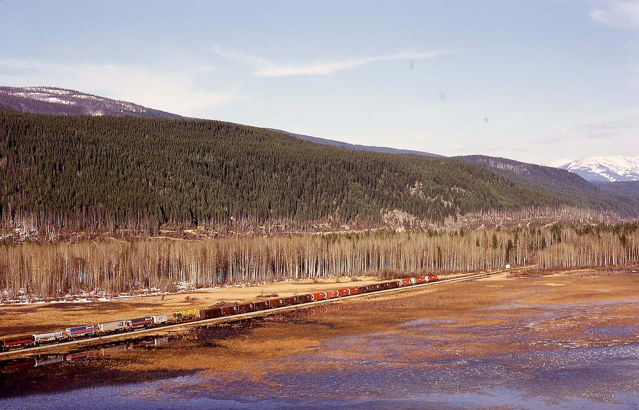 In 1974, in anticipation of the increasing water level of Kinbasket Lake behind the Mica Dam on the Columbia River, CP constructed a water-level grade between miles 61 and 66 to replace the westward dip down to Beavermouth and the subsequent climb back out of the Columbia valley.  Here, on the original mainline at 1710 on Tuesday 1974-04-23, SD40-2s 5634 + 5596 + 5822 are eastbound at the west switch old Beavermouth as seen from the new grade.