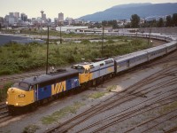 Probably the last time an A unit led the Canadian (and a decently long one at that) out of Vancouver was on Thursday 1993-06-24 when VIA 6300 led 6452 and fifteen cars, seen here from the Terminal Avenue overpass at Vancouver Jct.