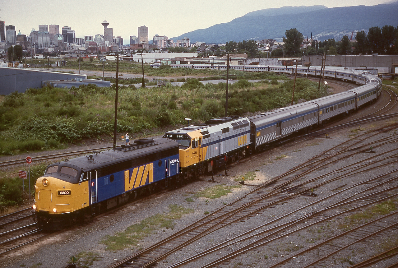 Probably the last time an A unit led the Canadian (and a decently long one at that) out of Vancouver was on Thursday 1993-06-24 when VIA 6300 led 6452 and fifteen cars, seen here from the Terminal Avenue overpass at Vancouver Jct.