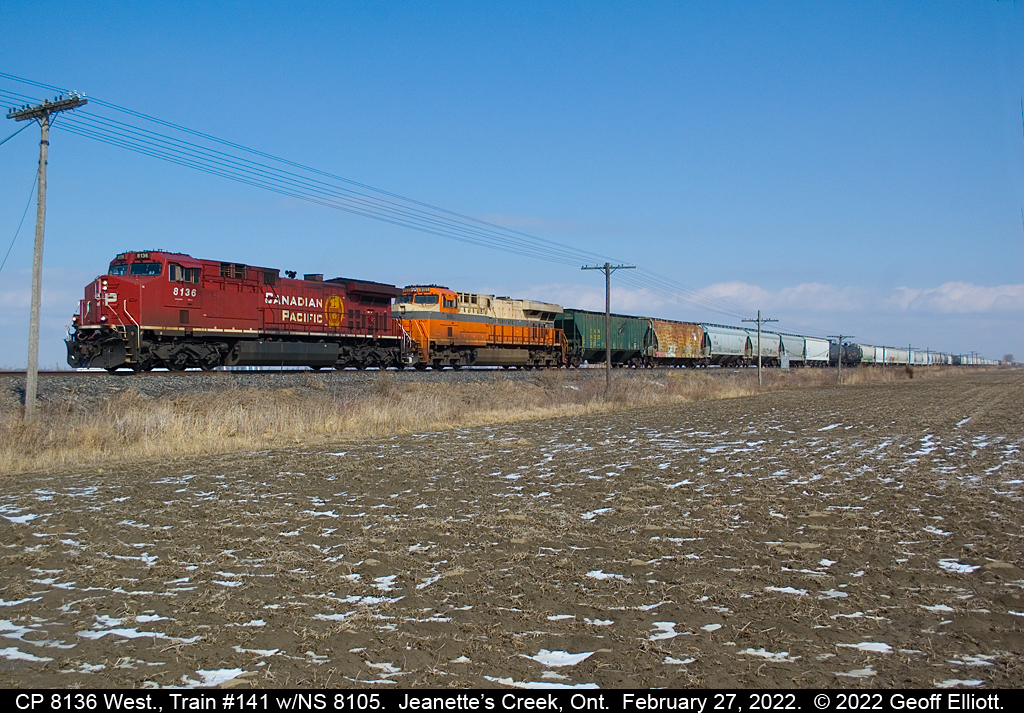 CP 8136 leads train #141 and the Norfolk Southern 'Interstate RR' heritage unit #8105, AKA 'The Creamsicle', through Jeanette's Creek, Ontario on a beautiful February 27th, 2022.  Not the first time 8105 has been on CP's Windsor Sub, but this is the first catch of it for me on the CP.  Although much dirtier than when we saw in West Virginia back in 2021, it's still one of my favorite of the NS Heritage fleet.