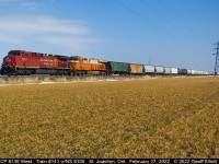 CP 8136 is partnered up with Norfolk Southern 'Interstate' heritage unit #8105 as it approaches the Rochester Townline, just east of St. Joachim, Ontario on February 27, 2022.  Nice seeing a variety of colors on CP with units from various Class 1's running through fairly regular in the past few years.