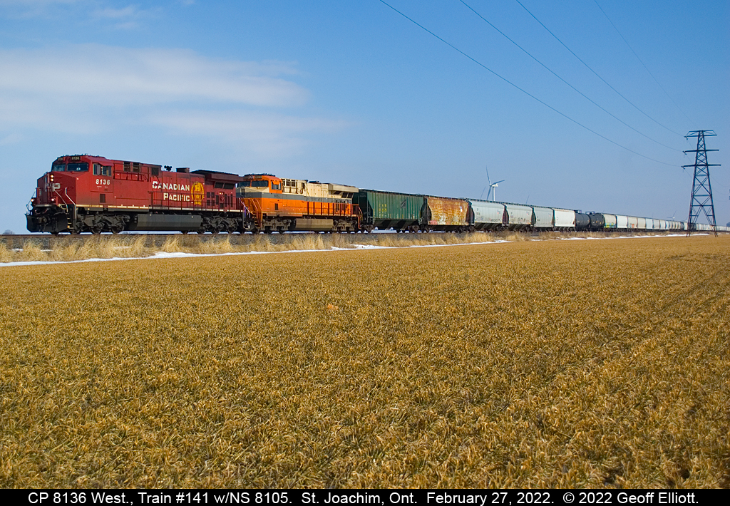 CP 8136 is partnered up with Norfolk Southern 'Interstate' heritage unit #8105 as it approaches the Rochester Townline, just east of St. Joachim, Ontario on February 27, 2022.  Nice seeing a variety of colors on CP with units from various Class 1's running through fairly regular in the past few years.