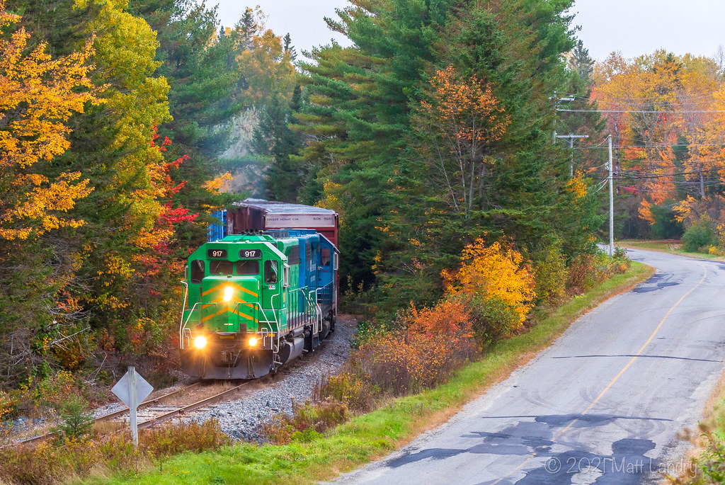 NBSR 917 creeps out from the woods at Moors Mills, heading south to St Stephen, New Brunswick.