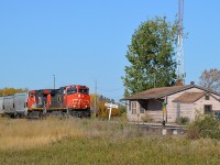 I have to admit I was surprised there was a station at Yarbo.  This little hamlet of 57 people is located SE of Saskatchewan on the main CN River sub line, so sees lots of traffic. Appreciated an eastbound train showing up just as I was going to grab a photo of the old station building.  CN 2651 and 2576 hauling what looked like potash. There are numerous mines in the area, which probably accounts for this little station (office) still in existence.