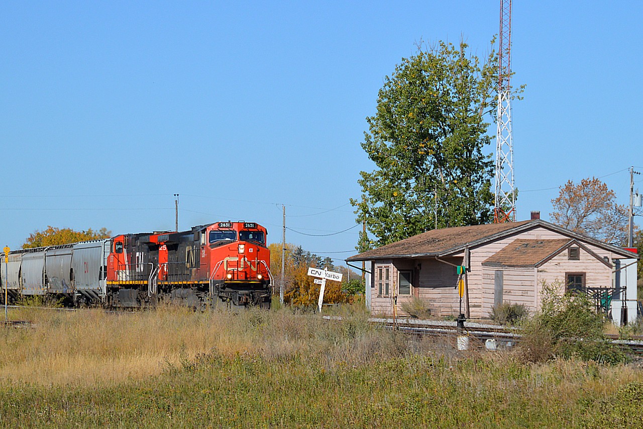 I have to admit I was surprised there was a station at Yarbo.  This little hamlet of 57 people is located SE of Saskatchewan on the main CN River sub line, so sees lots of traffic. Appreciated an eastbound train showing up just as I was going to grab a photo of the old station building.  CN 2651 and 2576 hauling what looked like potash. There are numerous mines in the area, which probably accounts for this little station (office) still in existence.