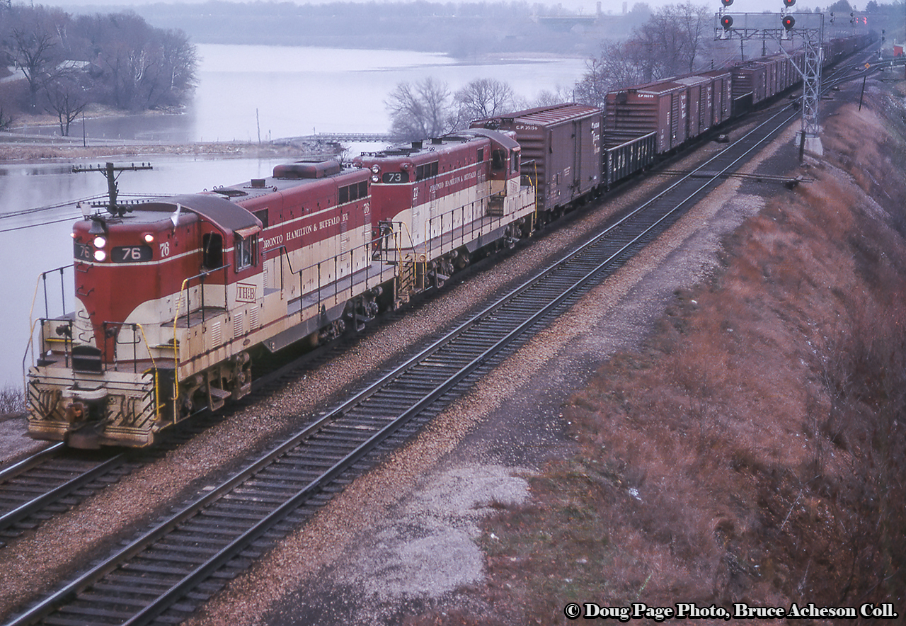 Returning eastbound to Toronto, TH&B's Starlite heads through Bayview Junction with a pair of GP7s up front.Doug Page Photo, Bruce Acheson Collection.