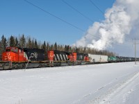 On a cold (-20C) but sunny Family Day a trio of CN's old faithfulls work the Fort Saskatchewan Industrial Lead.
CN 5266, 5357 and 5386