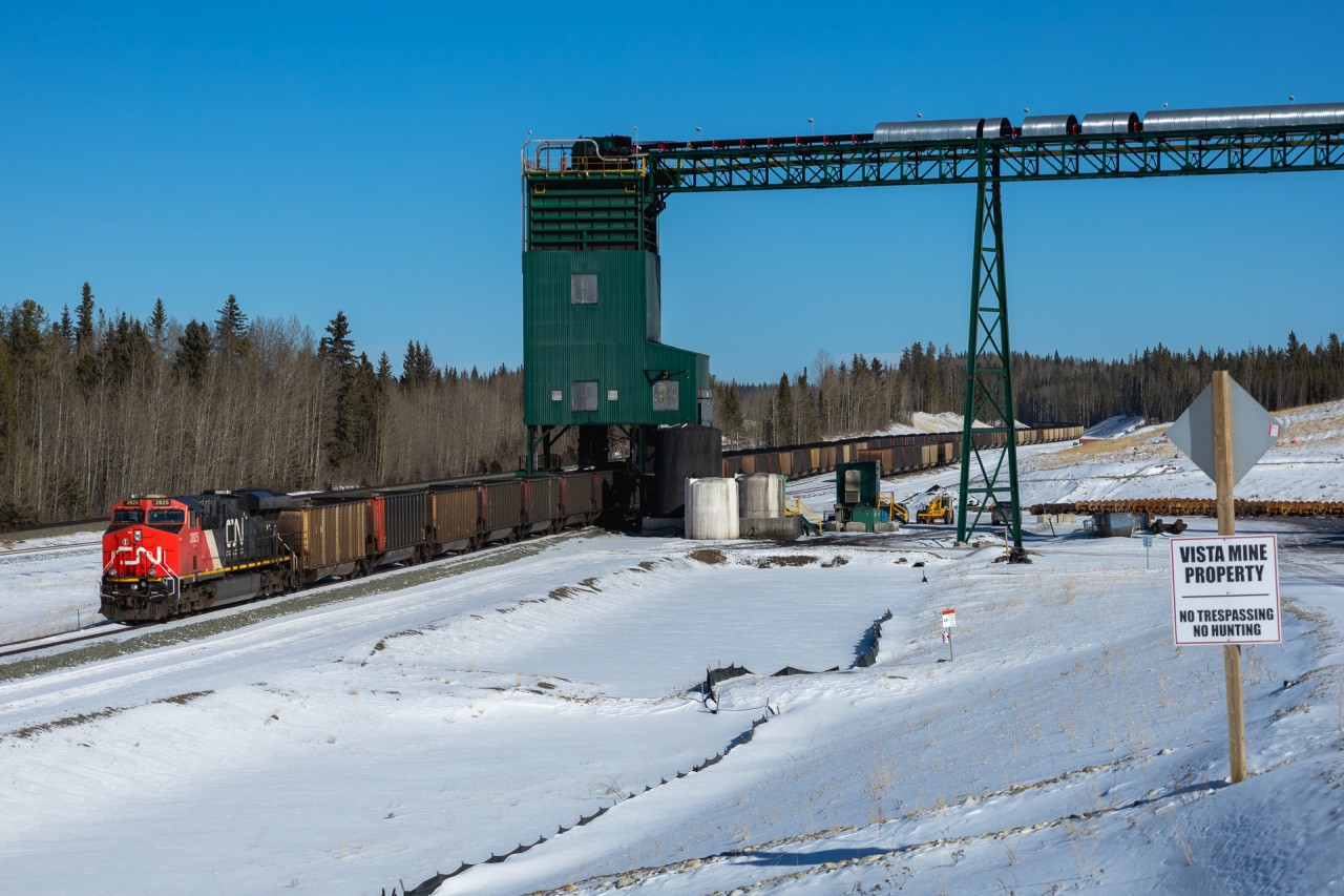 CN C 77351 25 is almost done loading their 218 car train at CoalSpur's Vista Mine located at Pedley, Alberta.  Once loaded, a CN crew will board the train for furtherance to Jasper and eventually Roberts Bank BC.