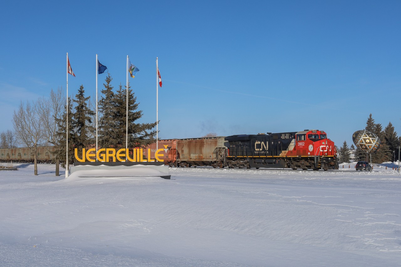 Vegreville, Alberta - home of the world's largest Pysanka Egg.  B 75851 29, Vancouver to Allan Mines (Saskatchewan) was detoured across the Prairie North Line due to winter related congestion on the mainline.