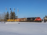 Vegreville, Alberta - home of the world's largest Pysanka Egg.  B 75851 29, Vancouver to Allan Mines (Saskatchewan) was detoured across the Prairie North Line due to winter related congestion on the mainline.