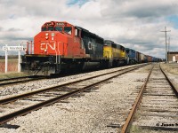 By 1995, CN detours on the Guelph Subdivision were infrequent but they did occur. For whatever reason, CN 383 took the long way to London over the Guelph Subdivision during a late April day.  The westbound is pictured at Petersburg with CN 5345, CN 6106 and LMSX 718. CN SD40-2 6106, nee-UP 4106 would eventually become CN 5373 later in 1995 after being remanufactured by AMF in Montreal, Quebec. 

